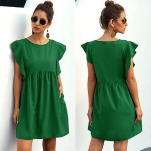 SHEIN • Green Ruffle Trim High Wastw Smoke Cotton Dress